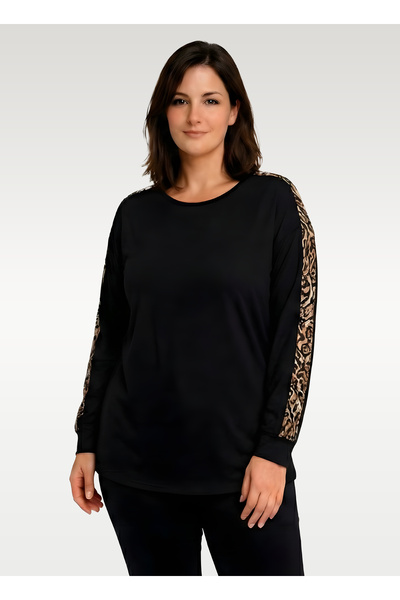 Curvy Trend Блузка з довгими рукавами та леопардовим принтом, чорна