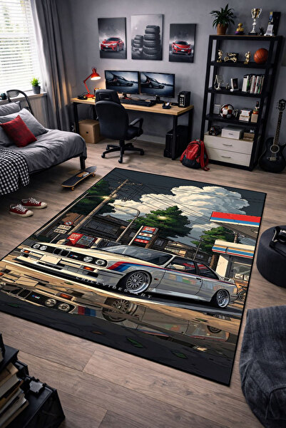 RUGRUMBA Kaymaz Taban Makinede Yıkanabilir Araba Desenli Gamer Genç Odası Halısı