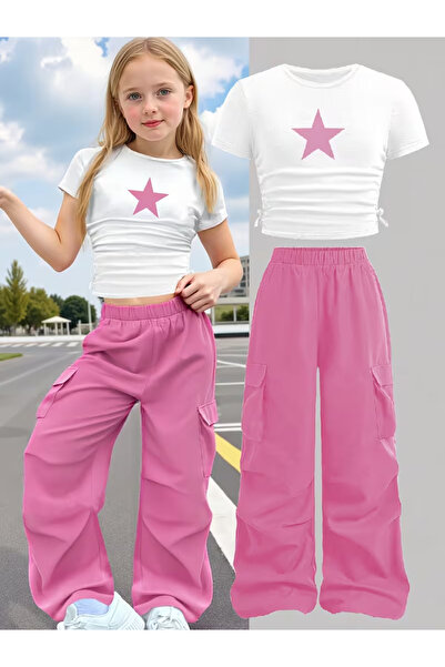 Machetta Children's New Star Printed Crop T-Shirt - Wide Leg Pocketed Tracksu...
