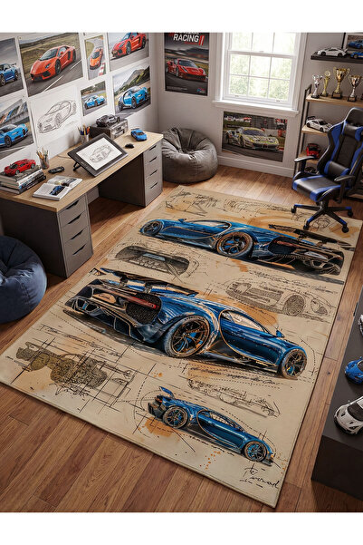 RUGRUMBA Kaymaz Taban Makinede Yıkanabilir Araba Desenli Gamer Genç Odası Halısı