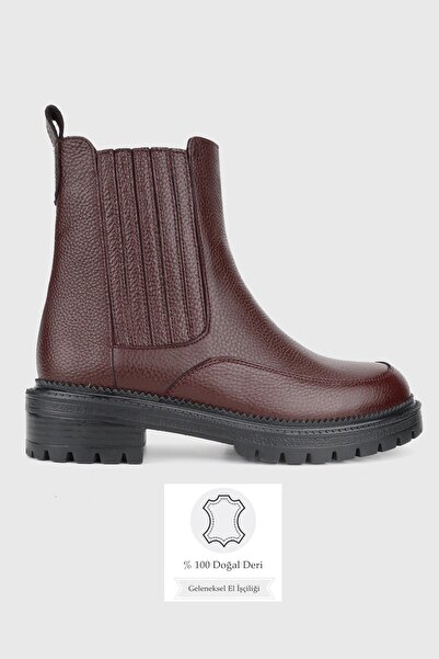 TUNAELLİ Women's Burgundy Genuine Natural Leather Size 35-41 Thick Heel Chels...