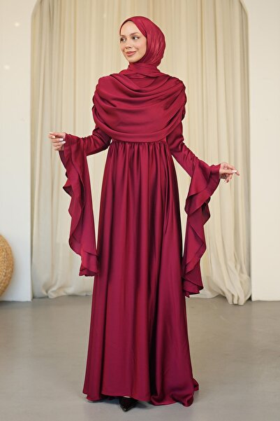 İmajButik Burgundy Sleeve Layered Front Draped Satin Evening Dress