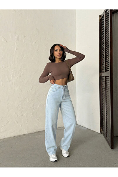 Blue Wings بنطلون جينز واسع الساق مع مشبك خلفي وتطريز عند الركبة