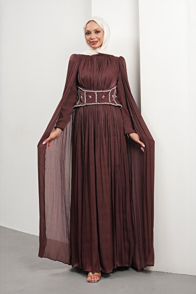 İmajButik Plum Waist Stone-Embellished Cape Pleated Evening Dress