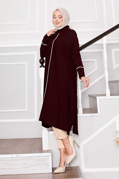 EBRUTESETTÜR Elegant Glitter Striped Mevlana Knitwear Tunic Burgundy
