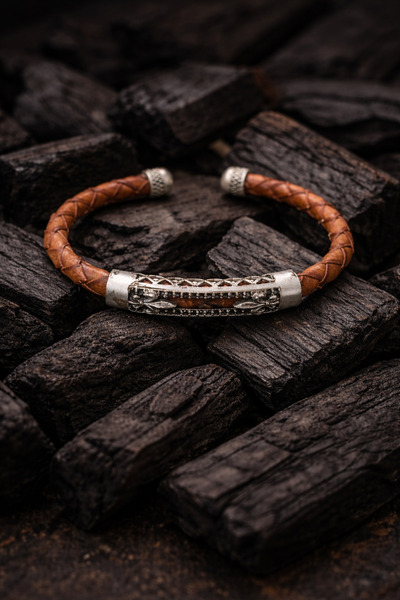 OSMANLI GÜMÜŞ Men's Leather Bracelet - Braided Orange Leather Bracelet with Z...