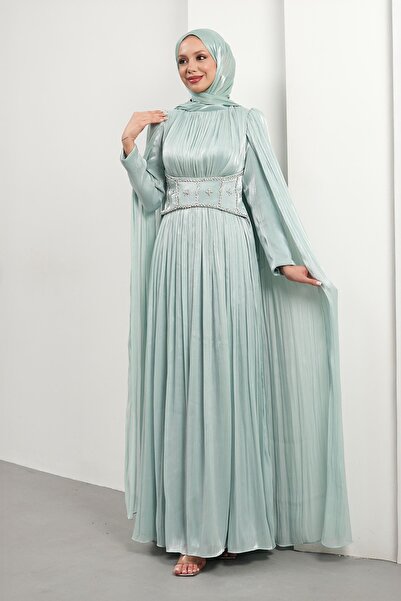 İmajButik Mint Green Pleated Evening Dress with Stone Waist and Cape