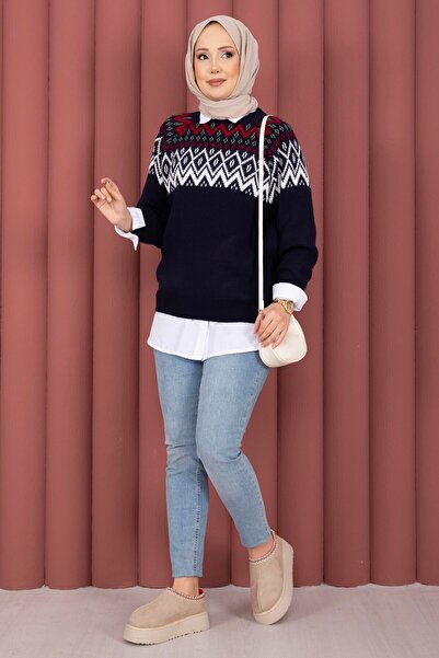 EBRUTESETTÜR Ethnic Motif Casual Knit Sweater Navy Blue