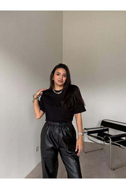 Bade Butik Tricou negru guler rotund pernițe pentru umeri piese