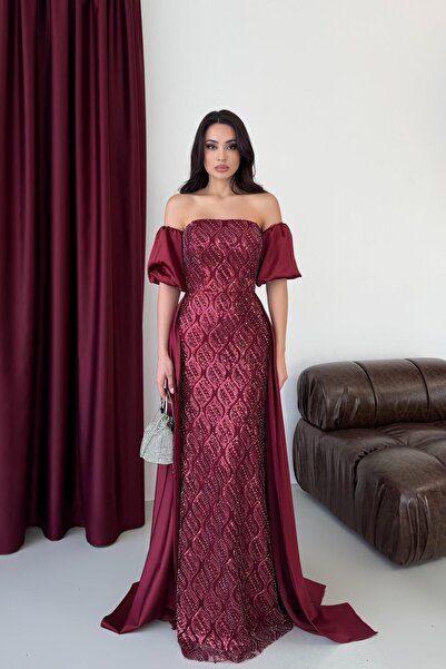 Serica Moda Bordo Straplez Balon Kol Payetli Pelerinli Abiye Elbise