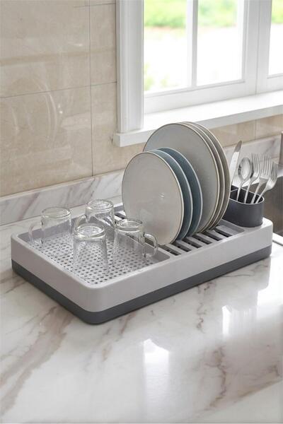 Bayev Aqua Gri Bulaşıklık & Tezgah Üstü Kurutmalık Tabaklık – Çok Bölmeli Mod...