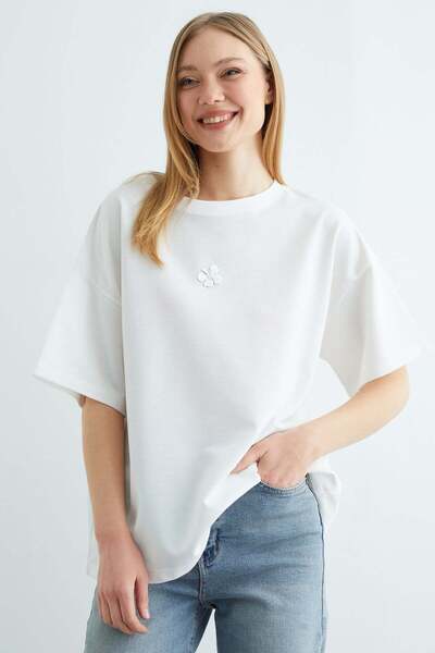 Fulla Moda Μπλουζάκι με ανάγλυφο λουλούδι λωτού oversized