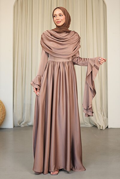 İmajButik Dark Mink Sleeve Layered Front Draped Satin Evening Dress