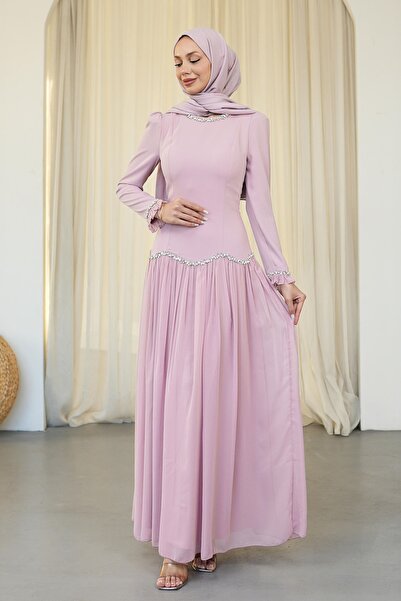 İmajButik Powder Back Tie Stone Evening Dress