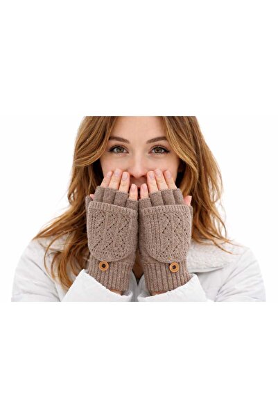 gigigiyim Delikli Düz Renk Kapaklı Yarım Parmak Örgü Kadın Eldiven