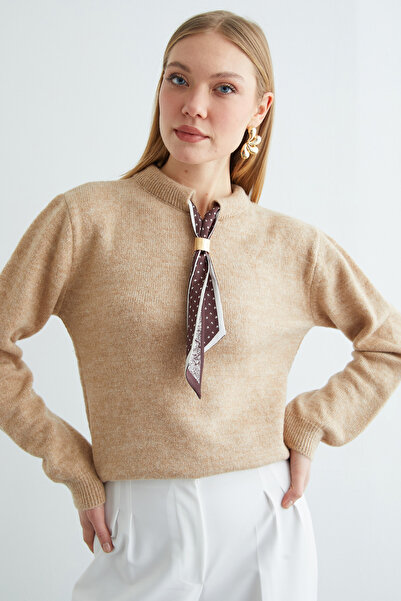 Fulla Moda Scarf Detailed Crew Neck Knitwear Sweater