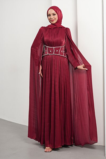 İmajButik Burgundy Pleated Evening Dress with Stone Cape