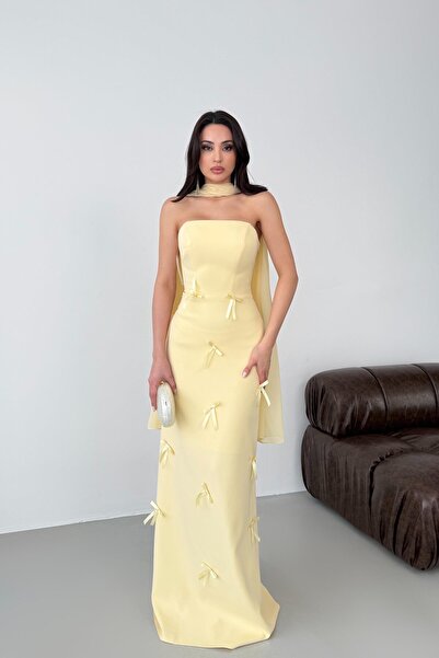 Serica Moda Yellow strapless evening dress with bow detail and scarf