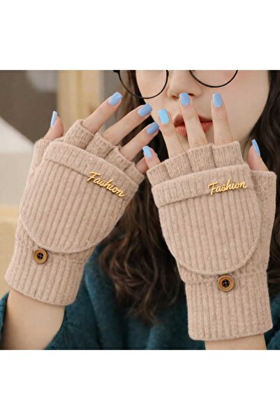 gigigiyim Fashion Yazılı Kapaklı Yarım Parmak Örgü Kadın Eldiven