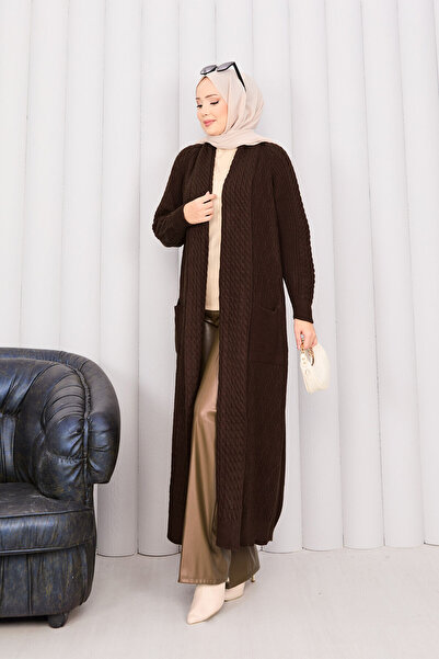 EBRUTESETTÜR Hair Knit Shawl Collar Hijab Knitwear Cardigan Brown