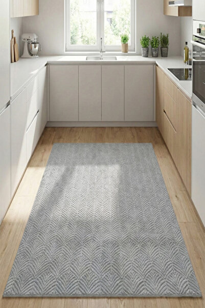 Raschel Carpet Premium Yıkanabilir Leke Tutmaz Yaprak Emboss Açık Gri Mutfak ...