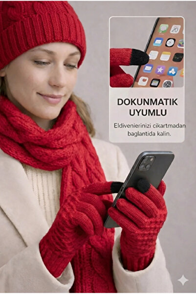 SİSTEM PELUŞ Stylish Women's Gloves with Knitted Pattern Compatible with Touc...