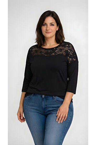 Curvy Trend Plus Size Round Neck Roba Lace Three Quarter Sleeve Blouse Black