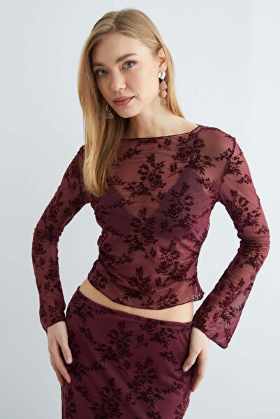 Fulla Moda Buy Draped Floral Patterned Transparent Blouses