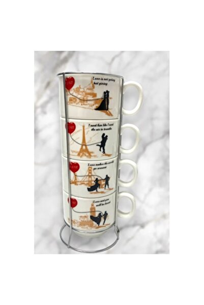 OEM Set of 4 Ceramic Coffee Mugs 200ml with Stainless Steel Holder, Black, Mo...