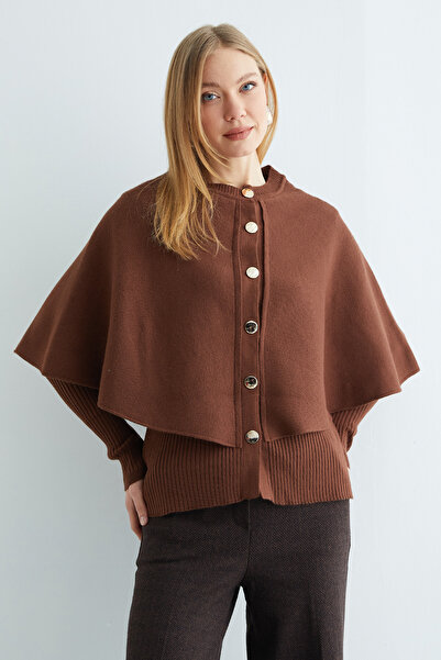 Fulla Moda Buttoned Crew Neck Knit Cardigan with Cape