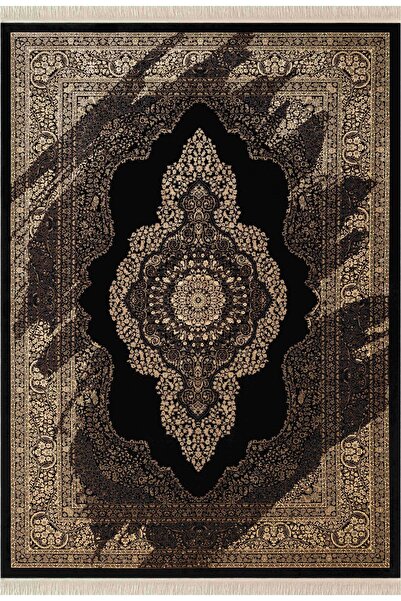 Karmen Halı Diamente DM002S Siyah Çerçeveli Göbekli Klasik Desen 100 Tarak Ba...
