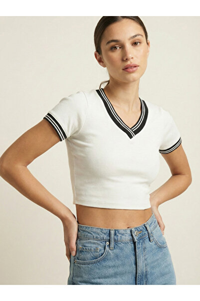 NEW JOURNAL Bluză albă cu decolteu în V pentru femei cu dungi tricotaj cu str...