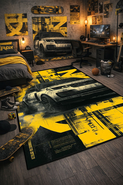 RUGRUMBA Kaymaz Taban Makinede Yıkanabilir Araba Desenli Gamer Genç Odası Halısı