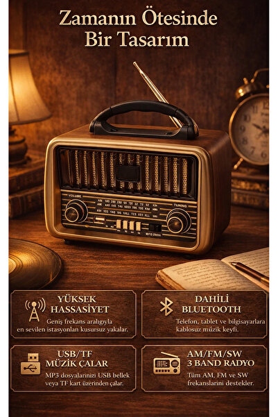 FaroxTech Retro Tasarım Şarj Edilebilir Radyo ve Bluetooth Hoparlör - SD Kart...
