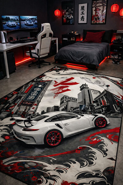 RUGRUMBA Kaymaz Taban Makinede Yıkanabilir Araba Desenli Gamer Genç Odası Halısı