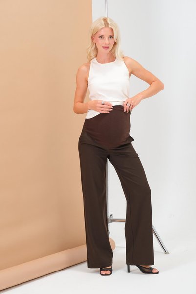 BUSA Maternity Stretchy Waistband Adjustable Wide Leg Gabardine Trousers Brown