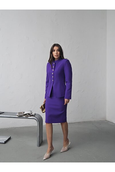 Swass Alice Jeweled Buttoned High Neck Jacket and Midi Skirt Set Purple