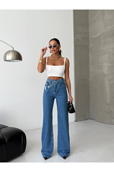 MODAGK Asymmetrical Waist Detailed Jeans