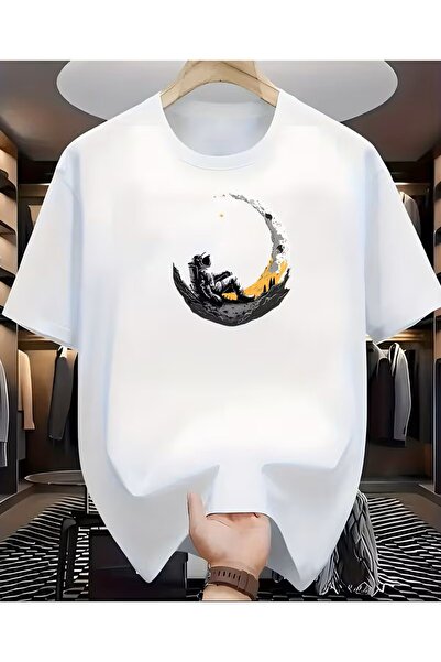 LELVANİ Unisex Moon and Astronaut Printed Black/White T-Shirt