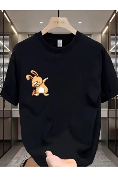 LELVANİ Unisex Cute Rabbit Printed White/Black Tshirt