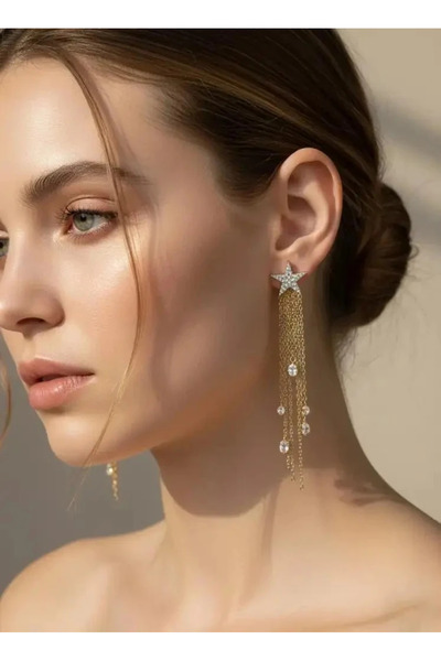 Dorvina Çelik Üzeri Altın Kaplama Vip Gold Renk Zirkon Taşlı Yıldız Sallantıl...