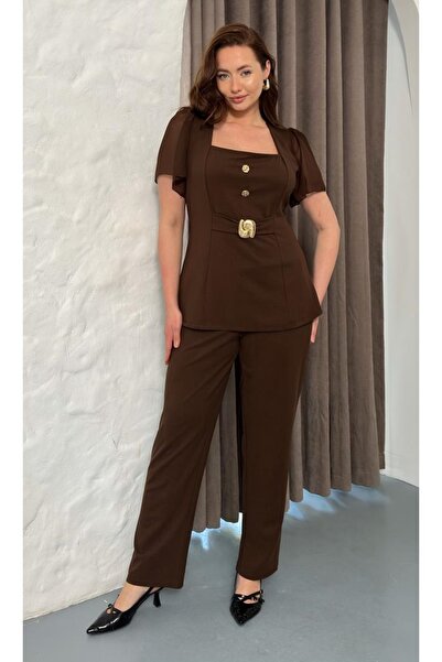 Butik Nilyam Γυναικεία μπλούζα με τετράγωνο γιακά σιφόν μεγάλου μεγέθους με λ...