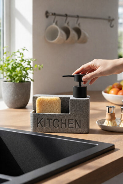 Paşabahçe Modern Siyah Detaylı Banyo Tezgah Üstü Sıvı Sabunluk ve Süngerlik S...