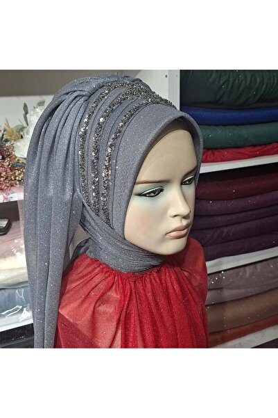 semahazırduvak koyu gri güpür detaylı duvaklı model hazır türban hazır şal ab...