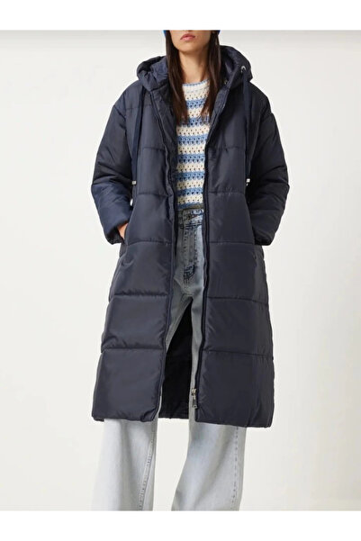 nedo7 Fixed Hooded Bird's Eye Detailed down Coat - Navy