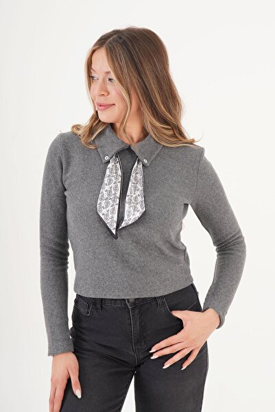 MODA Gray Blouse with Scarf Collar