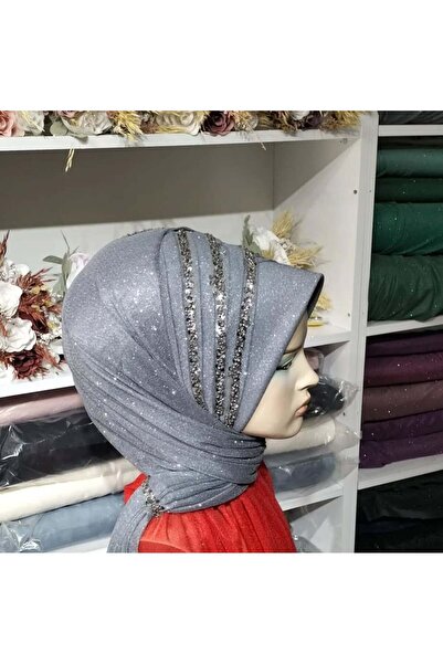 semahazırduvak koyu gri simli güpür detaylı model hazır türban hazır şal abiy...