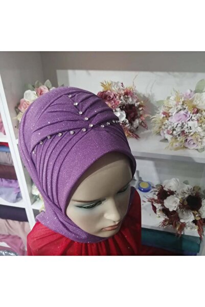 semahazırduvak koyu lila simli taş detaylı model hazır türban hazır şal abiye...