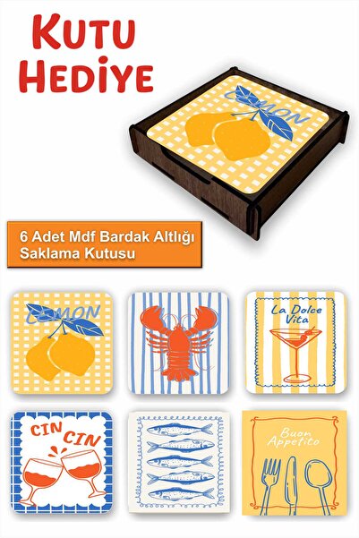 UNT 6-Piece Mdf Coasters with Storage Box – Decorative Mediterranean Breeze P...