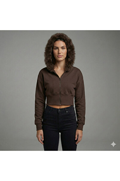 La Roenne Boutique La Rôenne Kahverengi Yaka Kürklü Tam Fermuarlı Kapüşonlu C...